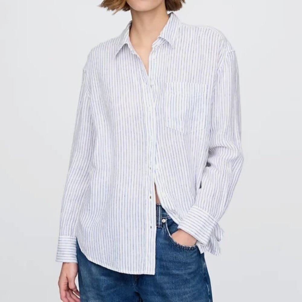 NEW! Gap Women's Blue Stripe 100% Linen Oversized Button-Down Shirt L Tall